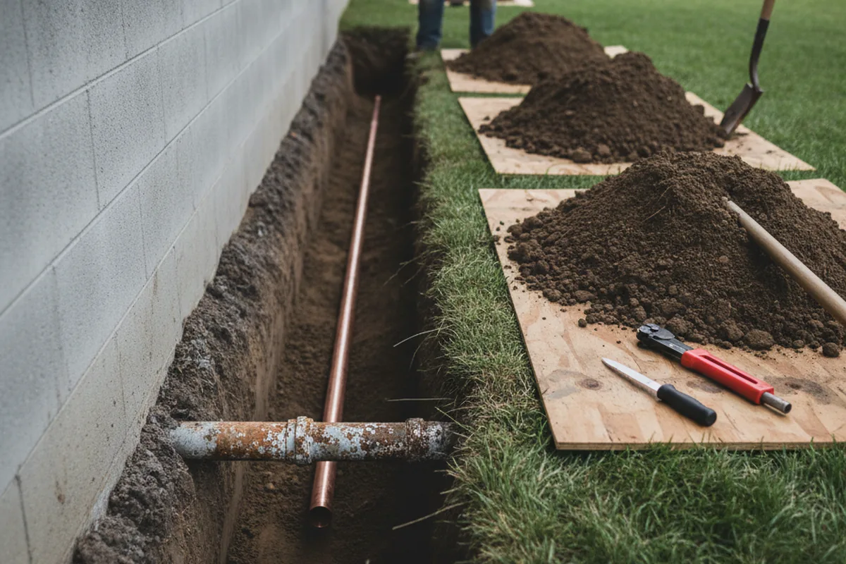Excavated water line trench during Sewer Line Repair in Horntown